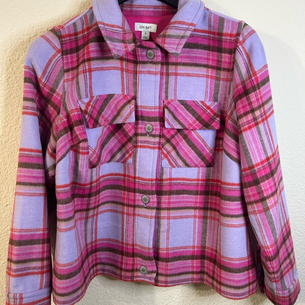 On 34th Plaid Button-Up Jacket Pink and Purple Front Pockets Warm Winter Plus 1X
